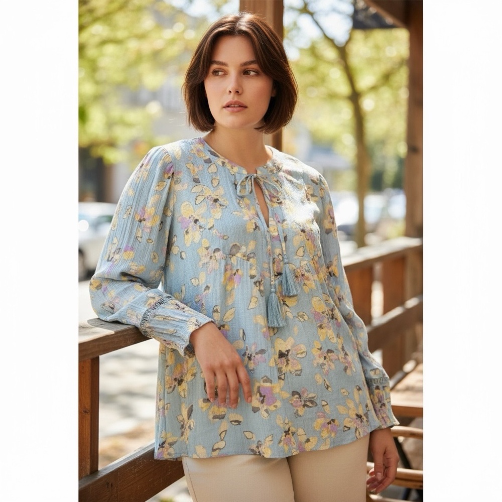 Zac & Rachel Blue Floral Balloon Sleeve Boho Plus Size 3X Babydoll Cottage Fairy